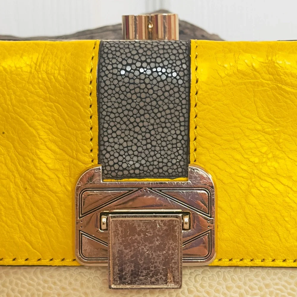 REBECCA MINKOFF ~ Cream Clutch w/Yellow and Gray Accents Gold Toned Hardware